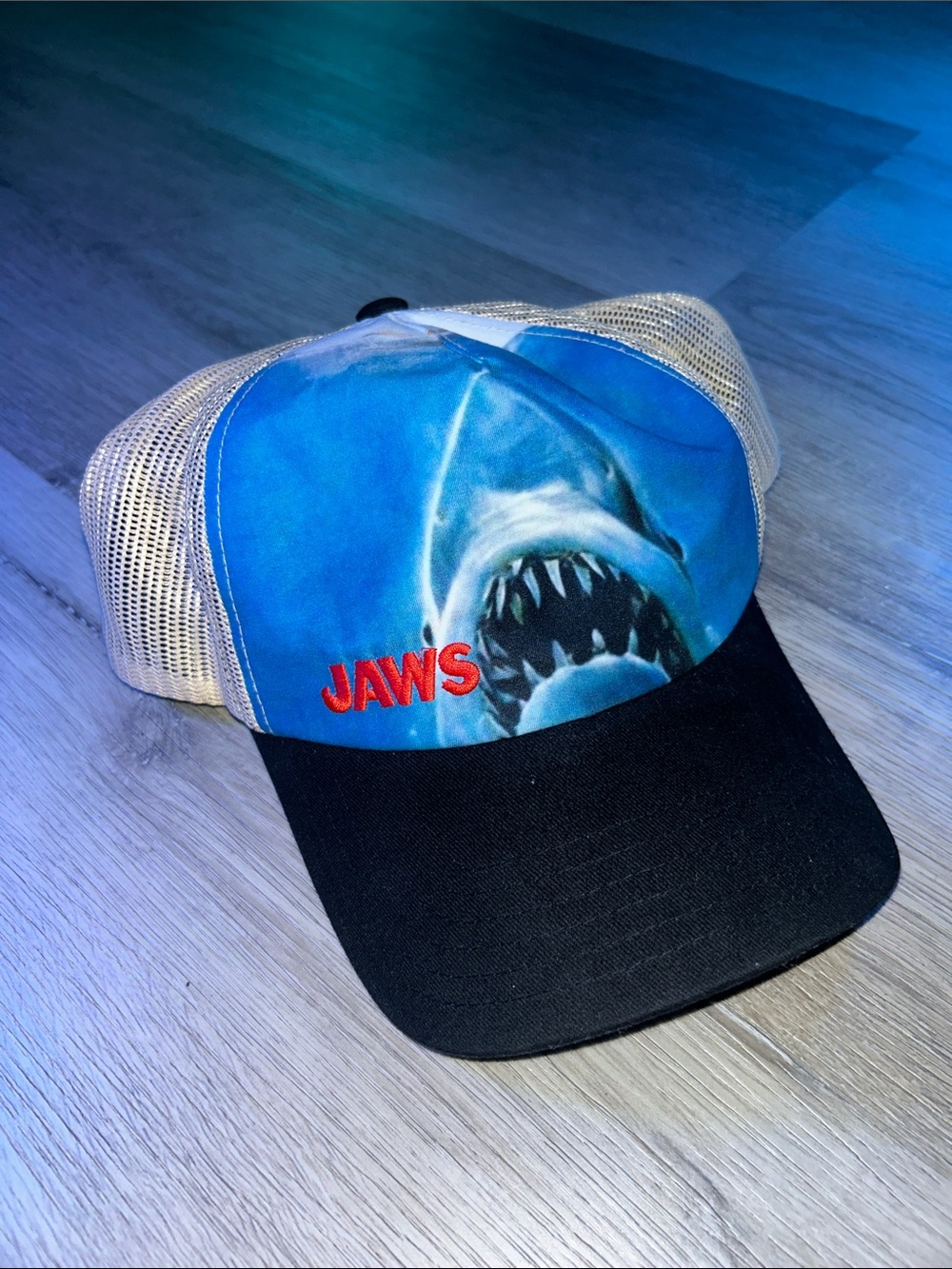 Jaws Shark Horror Movie Trucker Hat - Blue & Black